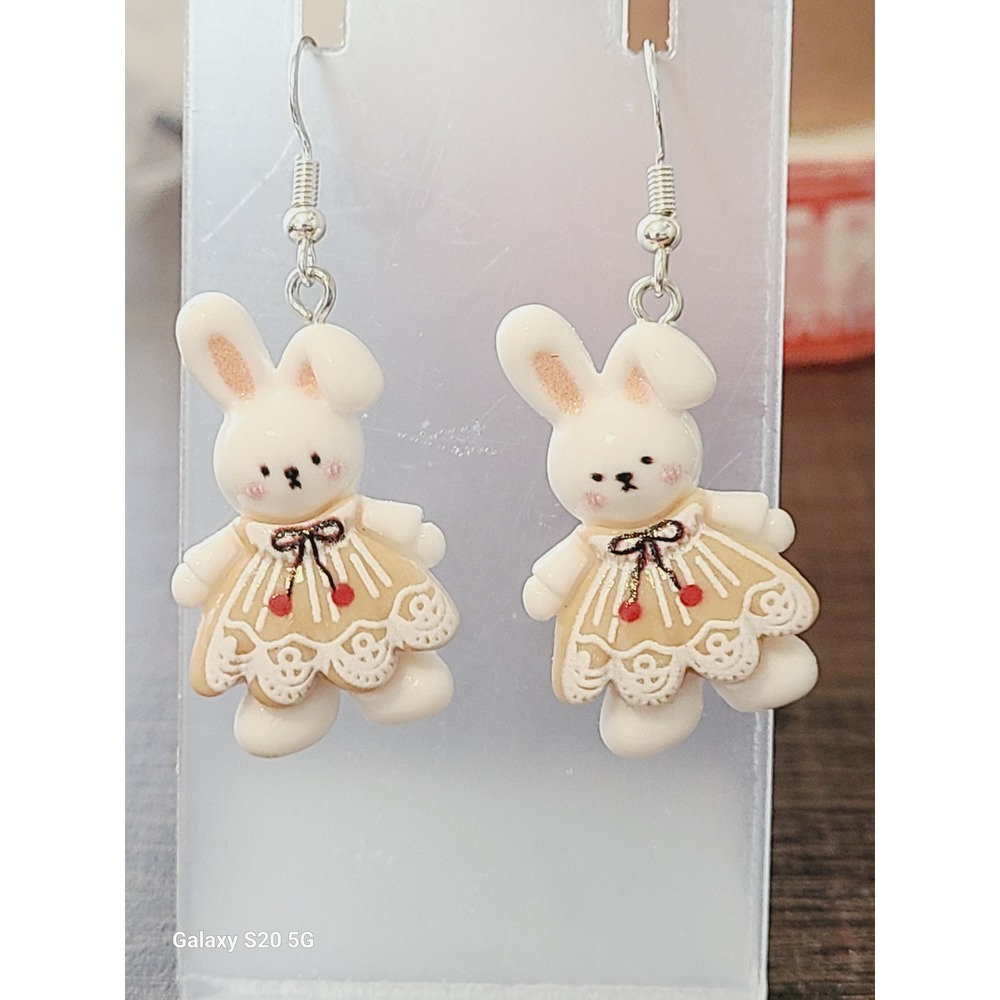 Handmade White Bunny Rabbit Lace Dress Drop Earrings NEW Silver Tone Hooks